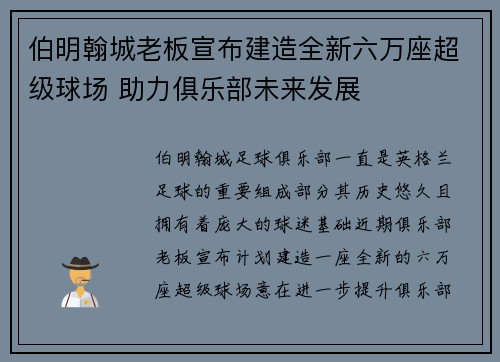 伯明翰城老板宣布建造全新六万座超级球场 助力俱乐部未来发展 伯明翰城老板宣布建造全新六万座超级球场 助力俱乐部未来发展
