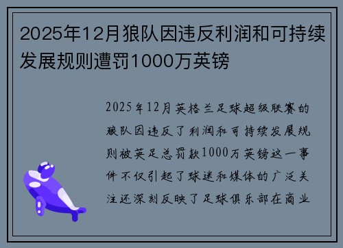 2025年12月狼队因违反利润和可持续发展规则遭罚1000万英镑 2025年12月狼队因违反利润和可持续发展规则遭罚1000万英镑